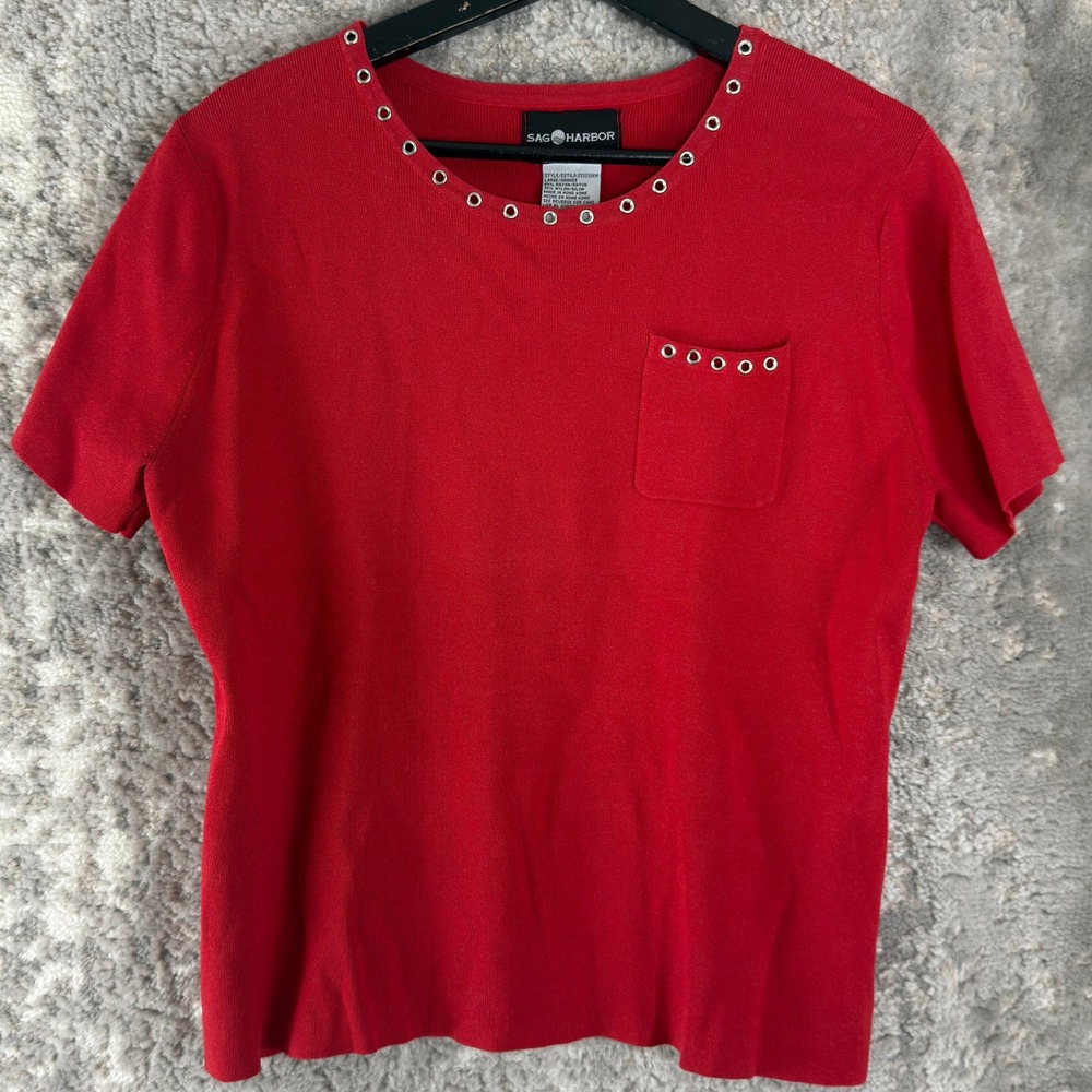Sag Harbor Size Large Grommet Pocket Knit Top Red Short Sleeve Women